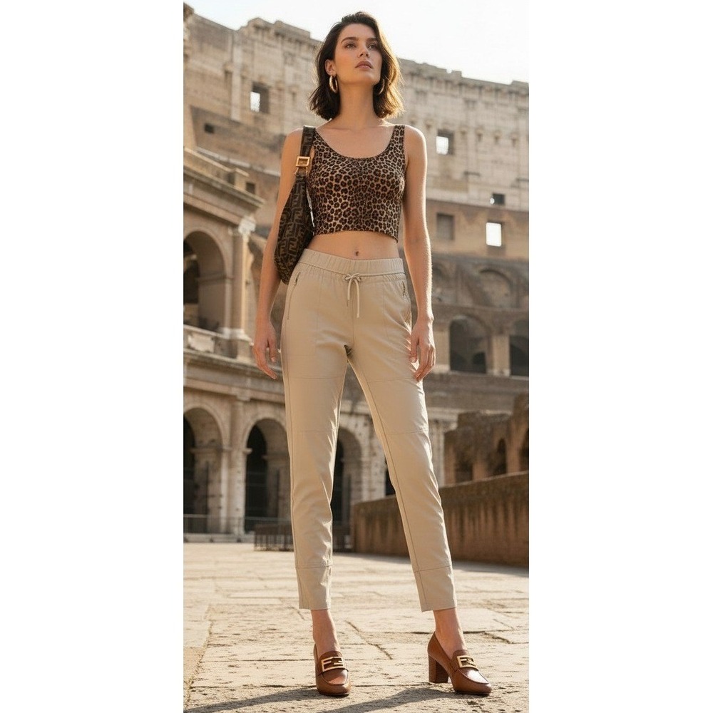 Raffaello Rossi Candy High-Tech Jersey Tapered Pants Beige Drawstring Size 38